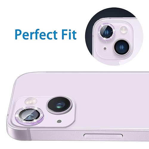 Compatible with iPhone 14 & 14 Plus Camera Lens Protector, Bling Glitter Diamond Lens Cover 9H Tempered Glass Camera Cover Anti Scratch Shockproof Screen Protector Individual Lens Ring - 2PCS - color: Purple Glitter