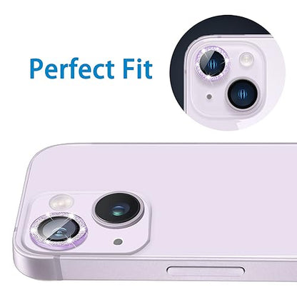 Compatible with iPhone 14 & 14 Plus Camera Lens Protector, Bling Glitter Diamond Lens Cover 9H Tempered Glass Camera Cover Anti Scratch Shockproof Screen Protector Individual Lens Ring - 2PCS - color: Purple Glitter