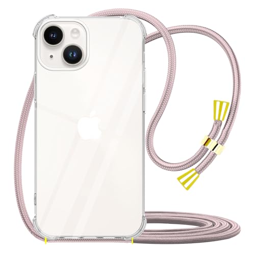 Case for iPhone 14 Shockproof Protective Cover with Adjustable Lanyard Strap Soft Transparent TPU Anti-Scratch Anti-Yellowing Clear Shock Absorption Phone Case 6.1 inch - Rose - size: for iPhone 14
