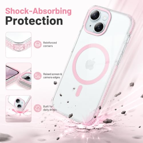 GUAGUA Magnetic for iPhone 14 Case & iPhone 13 Case, [Compatible with Magsafe] Military Shockproof Protective Bumper Cute Transparent Slim Anti-Yellowing Phone Cover for iPhone 14/iPhone 13,Clear Pink - size: iPhone 14/iPhone 13
