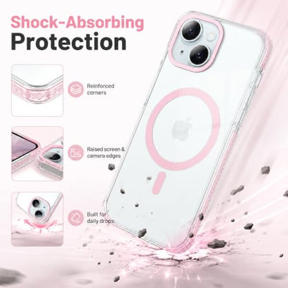 GUAGUA Magnetic for iPhone 14 Case & iPhone 13 Case, [Compatible with Magsafe] Military Shockproof Protective Bumper Cute Transparent Slim Anti-Yellowing Phone Cover for iPhone 14/iPhone 13,Clear Pink - size: iPhone 14/iPhone 13