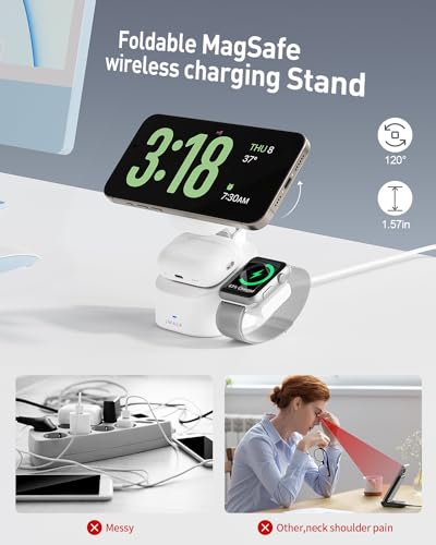 iWALK 3-in-1 Magnetic Wireless Charging Stand, 15W Foldable Charger Station for iPhone 16/15/14/13/12, Apple Watch & AirPods, Adjustable Dock with 20W USB-C Adapter - color: white