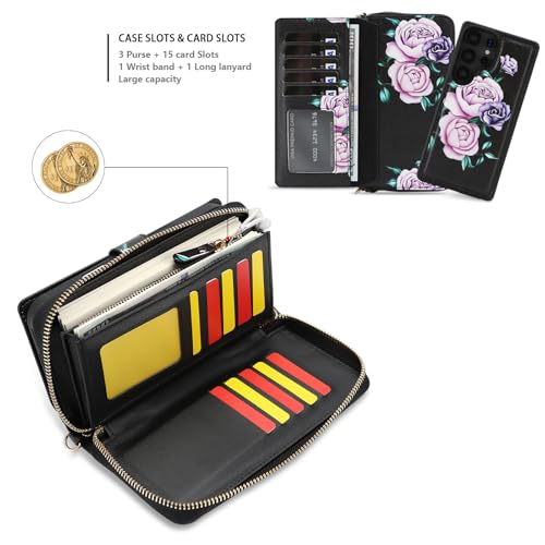 LITOU Compatible for Samsung Galaxy S26 Plus Crossbody Wallet Phone Case - color: BlackFlower, size: S26 Plus