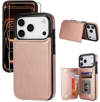 for iPhone 17 Pro Max Wallet Case with Screen Protector, Slim PU Leather Protective Case with Card Holder[RFID Blocking] Kickstand Cover 6.9“-Rose Gold - color: Rose Gold
