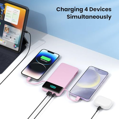 Portable Charger for iPhone,13800mAh Slim Power Bank with Built-in Cables & AC Wall Plug,All in One 4 Outputs USB C Fast Charging Battery Pack for iPhone 18/17/16/15,Android,Travel Essential (Pink) - color: Pink