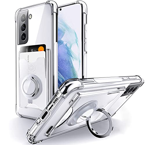 Shields Up for Samsung Galaxy S21 Case with Card Holder Stand, Clear | Minimalist Wallet Case, 3 Card Slots, 360° Rotation Ring Stand/Kickstand, [Drop Protection] Slim Protective Cover - color: Clear, size: Galaxy S21