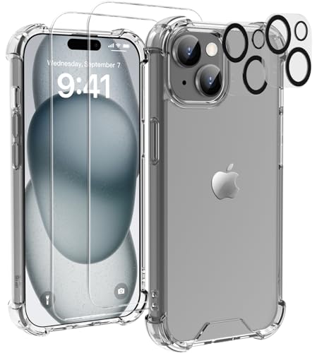 for iPhone 15 Case Clear - 5-in-1 Camera Lens and Glass Screen Protector - size: iPhone 15