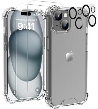 for iPhone 15 Case Clear - 5-in-1 Camera Lens and Glass Screen Protector - size: iPhone 15