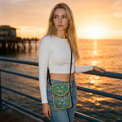 Small Crossbody Bags for Women, Cell Phone Shoulder Bag Boho Wallet Purse - color: Green Butterfly