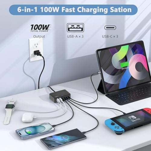 USB C Charger Block Charging Station,100W 6Port GaN Fast Charging Brick Hub - color: Black
