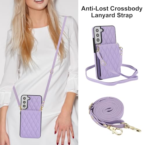 Phone Case for Samsung Galaxy S22 5G Wallet Cover with Tempered Glass Screen Protector Credit Slot Card Holder Crossbody Strap Stand RFID Blocking S 22 22S 4G G5 6.1 inch Women Men Girls Purple - color: Light Purple