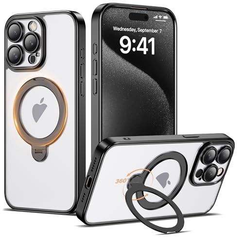 Compatible with iPhone 15 Pro Case with 360° Rotatable Magnetic Ring Stand [Compatible with Mag-Safe] Camera Lens Protector Plating Clear Phone Case for iPhone 15 Pro 6.1", Black - color: Black, size: Iphone 15 Pro