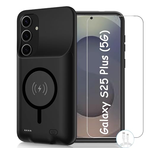 Battery Case for Galaxy S25 Plus, 12000mAh High Capacity Portable Rechargeable Protective Case Support Wireless Charging Compatible with Galaxy S25 Plus (6.7 inch) Extended Battery Charger Cover-Black - size: Galaxy S25 Plus