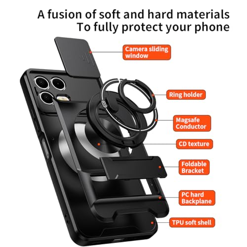 Compatible for T-Mobile Revvl 8 Pro TMRV08P5G Phone Case with HD Screen Protector, [Slide Camera Cover] [3 Stand Ways] Ring Holder Kickstand Military Grade Shockproof Protective Cover Case - Black - color: Revvl 8 Pro Black