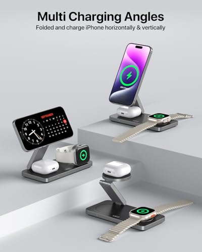UEQ 3-in-1 Charging Station for Apple Devices,QI2.2 25W Ultra-Fast Magnetic Wireless Charger Stand,Compatible with MagSafe,Foldable Travel Charger for iPhone Air/17/16/15/14/13/12,Apple Watch,AirPods - color: Pure Black