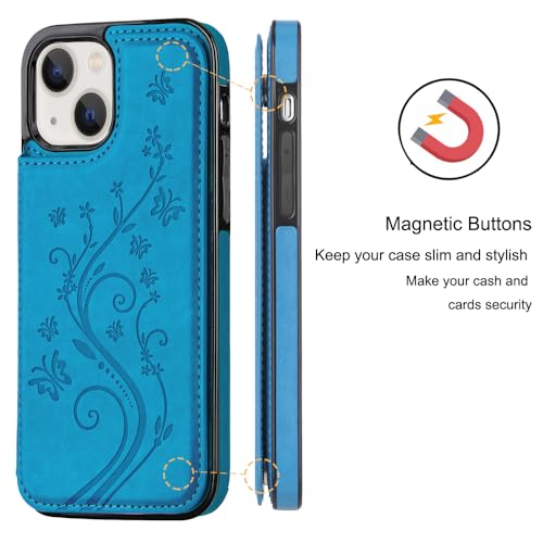 Wallet Case Compatible with iPhone 15,Slim Protective case with Card Holder,Premium PU Leather Kickstand Card Slots with Double Magnetic Clasp for iPhone 15(6.1")-Blue Butterfly - color: Blue