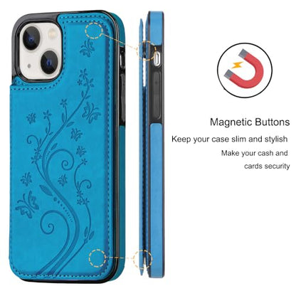 Wallet Case Compatible with iPhone 15,Slim Protective case with Card Holder,Premium PU Leather Kickstand Card Slots with Double Magnetic Clasp for iPhone 15(6.1")-Blue Butterfly - color: Blue