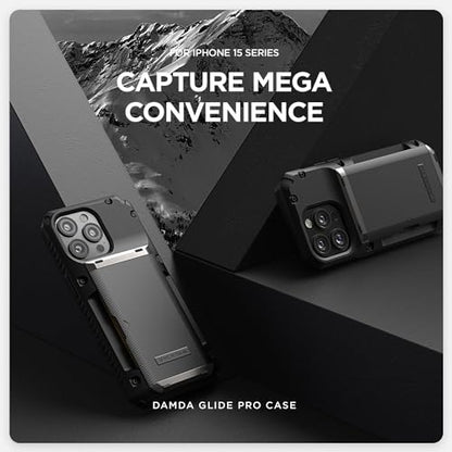 VRS DESIGN Compatible with iPhone 15 Pro Max Case with Card Holder [Damda Glide Pro], Sturdy Semi Auto 4-Card Slot, High Durability & Style Designed for iPhone 15 Pro Max (2023) Groove Khaki - color: Khaki, size: iPhone 15 Pro Max
