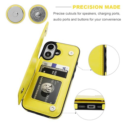 ONETOP for iPhone 16 Wallet Case with Credit Card Holder,Yellow | Kickstand,ID/Cash Holder,Case Wallet with Card Slots,Double Magnetic Clasp,Durable PU Leather Shockproof Cover for Women Men - color: Yellow
