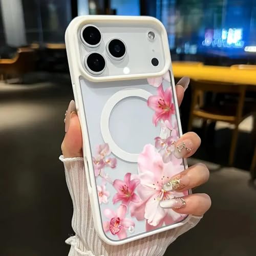 Blush Floral Cascade Magnetic Phone Case for iPhone 11-17 Series, Anti-Yellowing Shockproof, Ultra-Thin Transparent Cover, Elegant Gift (White, iPhone 17 Pro) - color: White