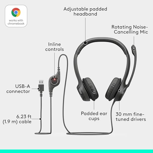 Logitech H390 Wired Headset PC/Laptop Stereo Headphones, USB-A, Black - color: Black, style: USB-A