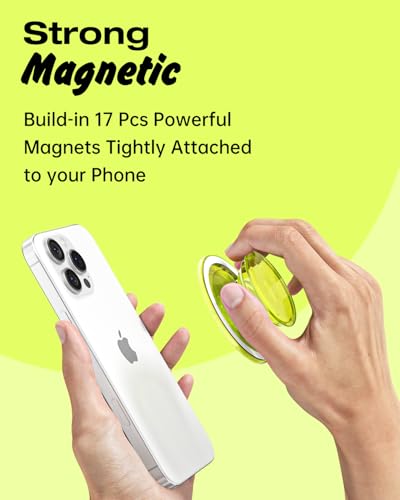 Svanove Magnetic Phone Grip Compatible with Magsafe, Mag Safe Translucent Clear Grip Collapsible Kickstand for iPhone Samsung Pixel, Cute Transparent Silicone Removable Phone Stand Holder, Neon Yellow - color: Neon Yellow, style: Magnetic