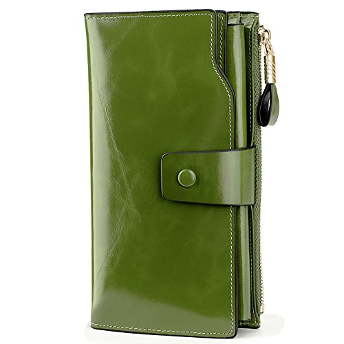 YALUXE Women's Real Leather Wallet RFID Protect 21 Card Slots Phone Pocket - color: 4- Waxed Green, size: Genuine Leather