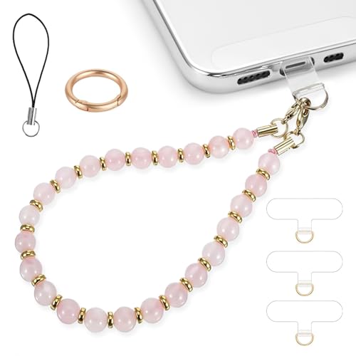 Phone Charm Wrist Strap Marble Beaded Chain Detachable Bracelet Lanyard Hand Wristlet Strap Fashion Accessories Finger Grip with 3 Tether Tab for Women Girl Universal for iPhone 16 Pro Max Rose Quartz