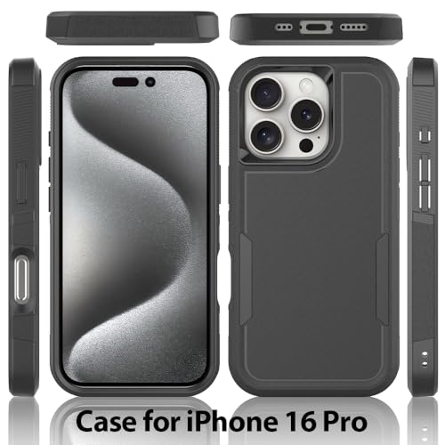 Heavy‑Duty Rugged Anti‑Drop Shockproof Protective Phone Case for iPhone 16 Pro, Durable Protective Shell, Black - color: Black, size: iPhone 16 Pro