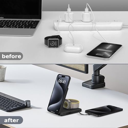 Wireless Charging Station Compatible for Phone: 3 in 1 Charger Stand for Phone 17/16/15/14/13/12 Series and Watch - Foldable USB C Magnetic Stand