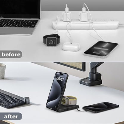 Wireless Charging Station Compatible for Phone: 3 in 1 Charger Stand for Phone 17/16/15/14/13/12 Series and Watch - Foldable USB C Magnetic Stand