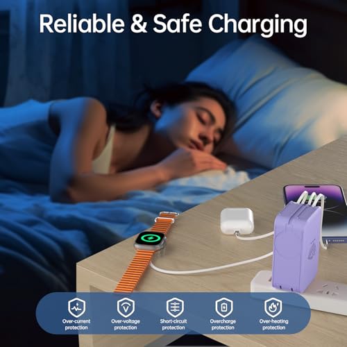 Retractable Apple Watch Charger, 5 in 1 Wall Charger with 3 Retractable Cables for Older iPhones & USB-C Devices, 35W Foldable Charger Block for iPhone 17/16/15/14, iPad, AirPods (Purple) - color: Purple