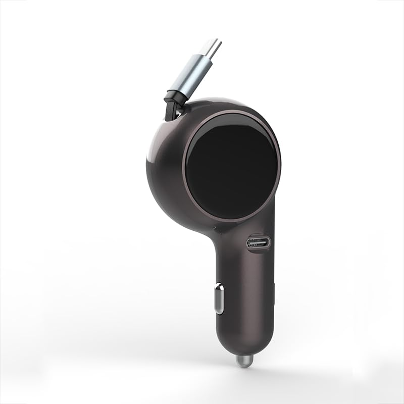 K2 Model 60W Retractable USB-C Car Charger Dual Port Fast Charging Adapter Compact, Travel-Ready Works with iPhone 15, Samsung, iPad, MacBook for Trucks & Cars