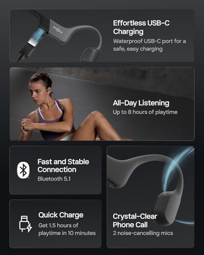 SHOKZ OpenRun Bone Conduction Bluetooth Headphones, Black, USB-C Charging - color: Black, size: Standard Size+USB-C Charging