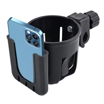 2 in 1 Universal Cup Holder with Phone Mount Tool-Free Clamp On for Stroller Walker Wheelchair Bike Scooter 360 Degree Rotatable Black - color: Black