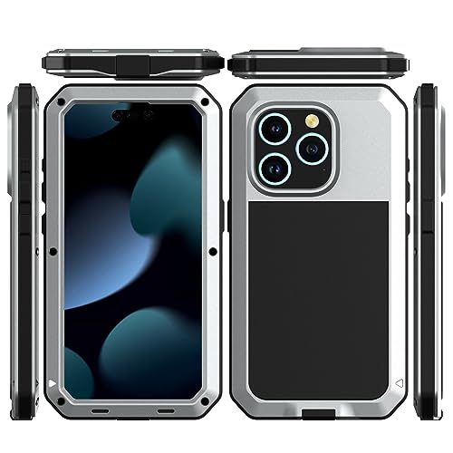 Compatiable with iPhone 15 Pro Case,360 Full Body Protective Cover Heavy Duty Shockproof Tough Armour Aluminum Alloy Metal Case with Silicone Built-in Screen Protector - Silver - color: Silver