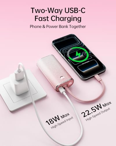 iWALK Sparkly 10000mAh Portable Charger, 22.5W Fast Charging Small Power Bank with Built-in USB-C Cable, Diamond Glitter Ultra-Compact Battery for iPhone 17/17 Pro/16/16 Pro/15, Samsung,ShinyPink - color: ShinyPink 22.5W
