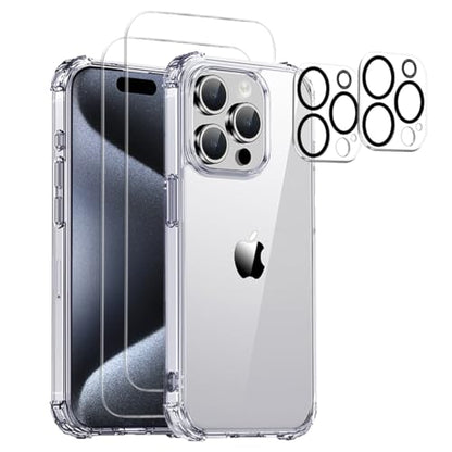 for iPhone 15 Pro Case Clear - 5-in-1 Camera Lens and Glass Screen Protector - size: iPhone 15 Pro