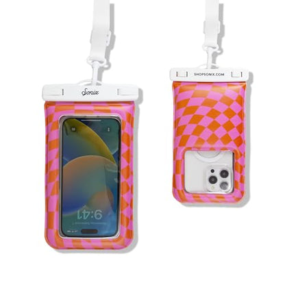 Sonix Waterproof Phone Pouch - Floating Phone Case Dry Bag w/Crossbody Lanyard - Beach Cruise Travel Essentials - Compatible w/All Devices, Touchscreen Friendly | Checkmate Pink/Orange - color: Checkmate Pink/Orange