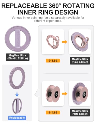 EWA MagOne Ultra for Magsafe Phone Grip Kickstand [Replaceable Elastic Finger Loop], Mag Safe Ring Holder Stand, Two-Sided Magnetic Phone Accessories for iPhone 17,16,15,14,13,12 Pro/Max/Plus-Purple - color: Purple