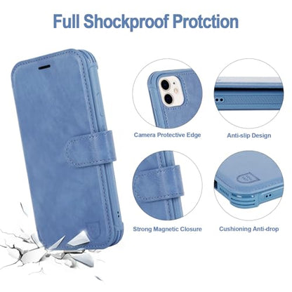 VANAVAGY Wallet Case for iPhone 11 6.1 inch, Blue | 12ft Drop-proof Cover for Women Men, Silm PU Leather, RFID Blocking Card Holder, Wrist Strap, Screen Protector - color: Blue