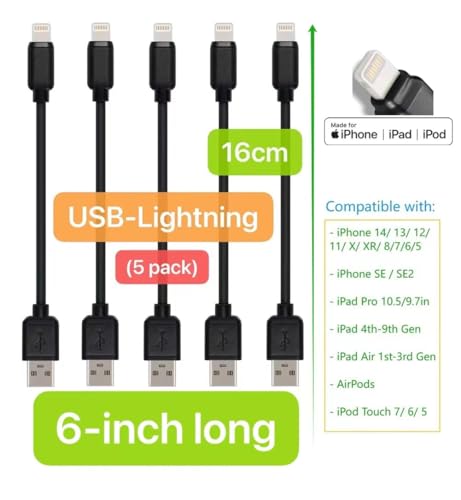 Short USB Cables, 5-Pack, Compatible with iPhone Pro & iPhone 14/13/ 12/11/ X/XR/ 9/8/ 7/6/ 5/SE/SE2, iPad 4th-9th gen/iPad mini 1st-5th/iPad Air 1st-3rd/iPad Pro9.7/10.5 (Black, 6-inch) - color: Black, size: 6-inch 5-pack