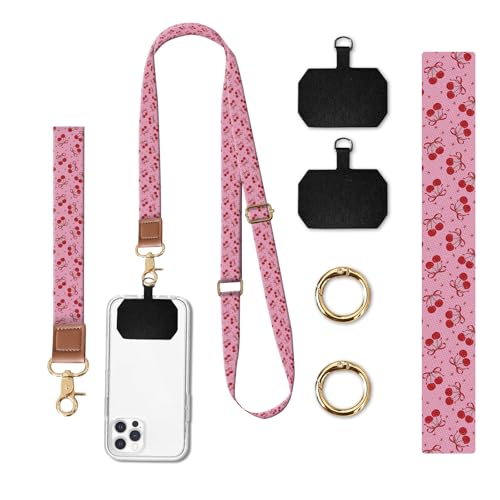 Phone Lanyard Crossbody Wrist Strap, Universal Adjustable Neck Strap for Phone Case Keys ID Badges, Travel Essential - color: Pink Red Cherry