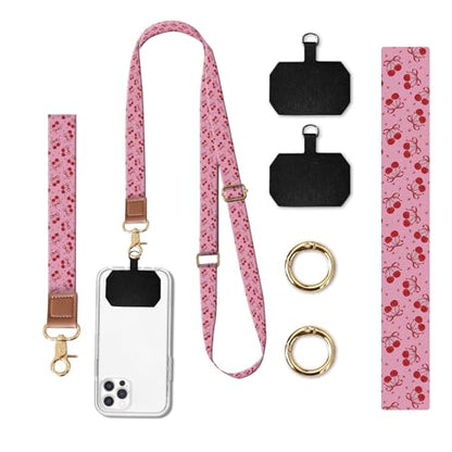 Phone Lanyard Crossbody Wrist Strap, Universal Adjustable Neck Strap for Phone Case Keys ID Badges, Travel Essential - color: Pink Red Cherry