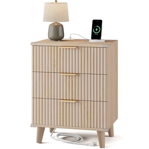 Lulive Wood Bedside Table w/Charging Station, 3 Drawers Fluted Dresser - color: Natural Oak, size: 3 Drawers-Set of 1 Nightstand