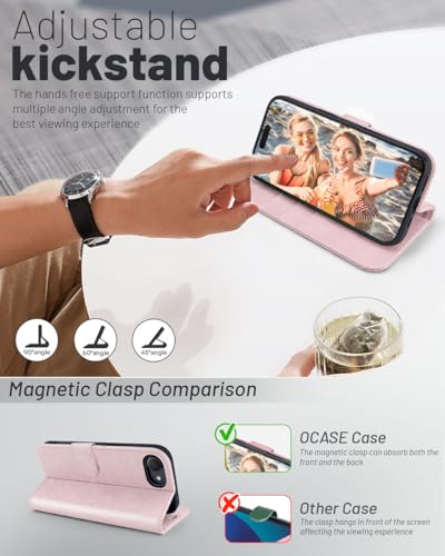 OCASE for iPhone 17e/iPhone 16e Wallet Case, Card Holder, Pink | RFID Blocking, Kickstand, Magnetic Closure, PU Leather Flip Folio, Shockproof TPU Shell, Protective Phone Cover (6.1") - color: Pink