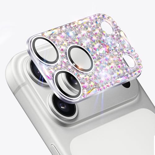 Bling Diamond Camera Lens Protector Compatible with iPhone 17 Pro Max, Metal Glitter Gem Camera Cover，9H Tempered Glass lens full Screen Sparkle Rhinestone Protector - size: for iPhone 17 Pro Max