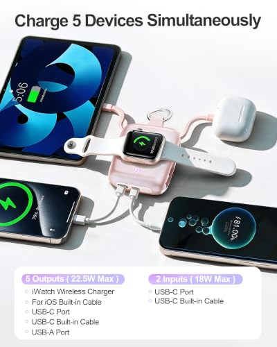 Portable Charger 3 in 1, Smaller 10000mAh Built-in Cables 22.5W Power Bank - color: Pink
