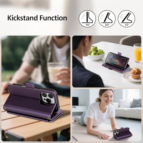 Antsturdy Compatible with MagSafe iPhone 16 Pro Max Wallet Case,Purple | Detachable Magnetic Credit Card Holder,RFID Blocking,PU Leather Zipper Purse,Wrist Strap Kickstand,Flip Phone Cover for Women - color: (Detachable with Magsafe)-Purple