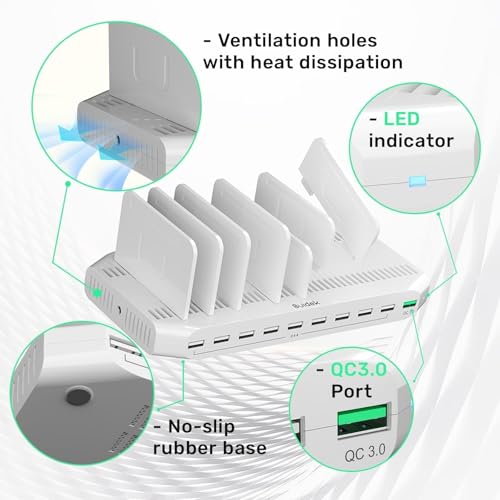 SUIDEK 10 Ports Multiple Device USB Fast Charging Station with QC 3.0 Port
